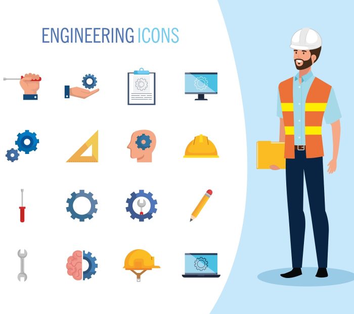 engineer man with set icons working