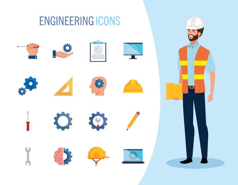 engineer man with set icons working